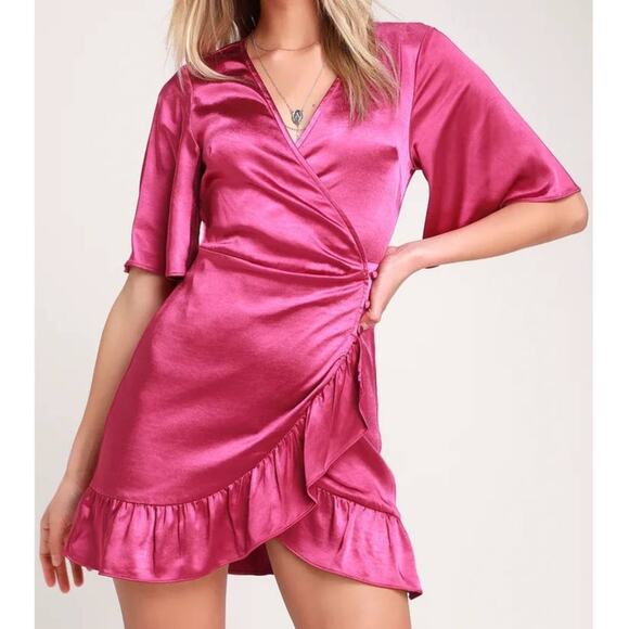 Lulu’s | NWT Magenta Ready for Romance Mini Satin Wrap Dress *RE-ATTACH BUTTONS* - Picture 1 of 12